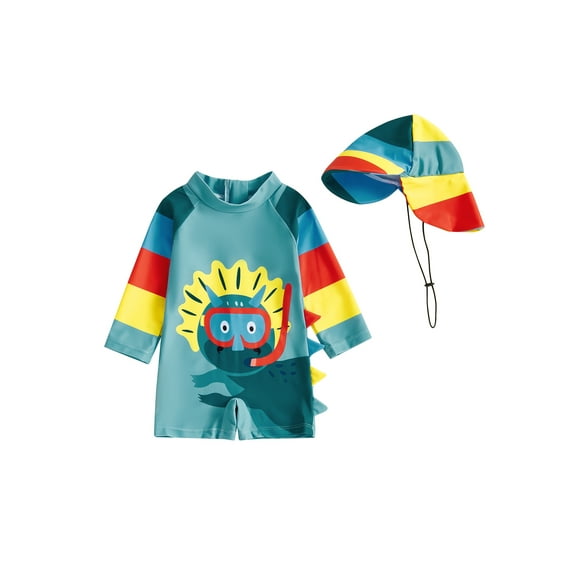 Nygoyerh Toddler Boys Rash Guard Swimsuit Dinosaur Print Stripe Long Sleeve Bathing Suit with Swim Cap Infant Clothing 0M 3M 6M 9M 12M 18M 2T 3T 4T