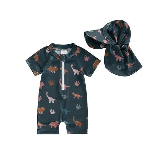 Nygoyerh Toddler Boys Rash Guard Swimsuit Playsuits Dinosaur Print Zipper Short Sleeve Sun Protection Bathing Suit with Swim Cap Infant Clothing 3M 6M 9M 12M 18M 2T 3T