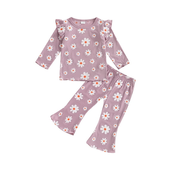 Nygoyerh Toddler Girls Fall Outfit 12M 18M 24M 3T 4T 5T Ruffle Long Sleeve Floral Print Tops + Flare Pants 2PCS Sets Baby Clothing