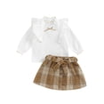 thumbnail image 1 of Nygoyerh Toddler Girls Outfit Long Sleeve Ruffle Collar Bow Tops + Plaid Skirt 2PCS Set Fall Cute Little Girls Clothing for 12M 18M 2T 3T 4T 5T, 1 of 8