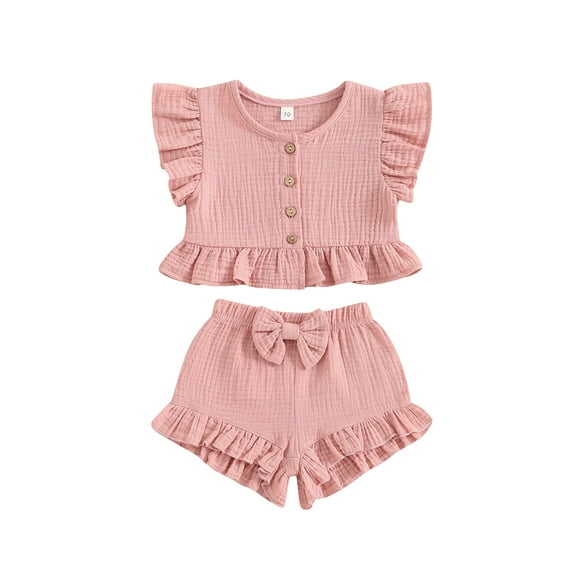 Nygoyerh Toddler Girls Summer Outfits 6M 18M 2T 3T 4T Fly Sleeve Button Down Ruffled Tops + Elastic Waist Shorts 2PCS Set Newborn Cute Infant Clothing
