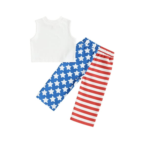 Nygoyerh Toddler Little Girls 4th of July Outfit Solid Color Sleeveless Ribbed Tank Tops with Star Stripe Print Trousers 12M-6T Kids Casual Summer Long Pants Sets