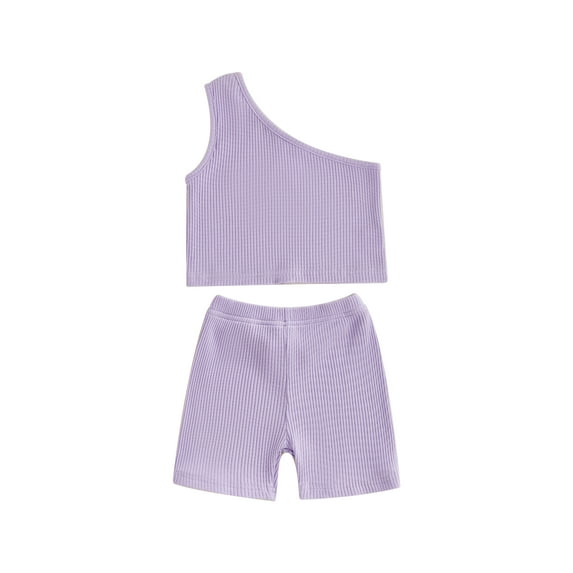 Nygoyerh Toddler Little Girls Casual Ribbed Shorts Sets 6M 12M 18M 24M 3T 4T Slash Neck One Shoulder Tank Tops with Elastic Shorts 2Pcs Kids Solid Color Summer Daily Outfit