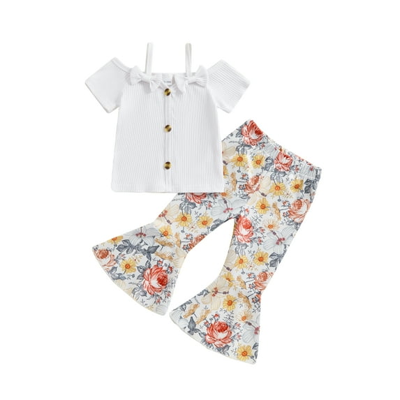 Nygoyerh Toddler Little Girls Cute Long Pants Sets 12M-5T Short Sleeve Off Shoulder Cami Tops with Flower Print Flare Pants 2Pcs Kids Casual Summer Outfits