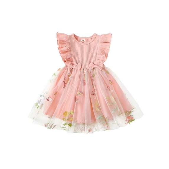 Nygoyerh Toddler Little Girls Summer Dress Fly Sleeve Flower Embroidery Layered Mesh A-line Dress Kids Sweet Casual Princess Dress for Daily Party