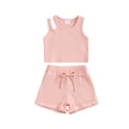 thumbnail image 1 of Nygoyerh Toddler Little Girls Summer Ribbed Outfits One Shoulder Double Straps Sleeveless Tank Tops with Drawstring Shorts 2Pcs Kids Solid Color Short Pants Sets 6M-4T, 1 of 8