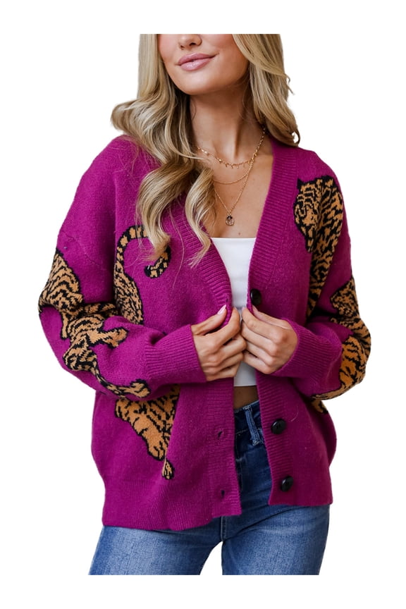 Women Cardigans Button up Sweaters Lightweight Tiger Print Knitwear Casual Tops Long Sleeves Jumpers Tops Knit Warm Knitwear for Fall
