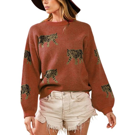 Nygoyerh Women Sweaters Comfy Warm Tiger Print Knitwear Long Sleeve Pullover Basic Jumpers Tops for Casual