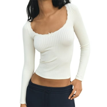 Nygoyerh Women T-shirt Long Sleeve Blouse  Scoop Neck Pullover Bowknot Shirts Slim Fit Ladies Tops Trend Clothes for Fall