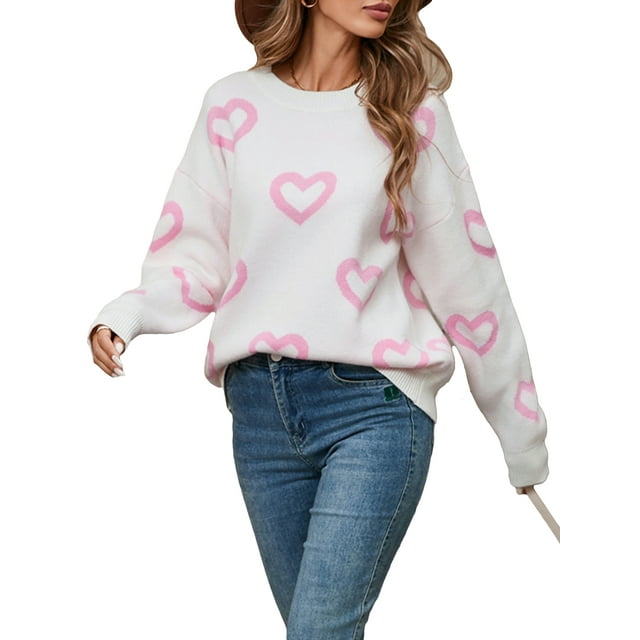 Nygoyerh Women's Jumpers Tops Heart Pattern Sweaters Long Sleeve Crew Neck Pullover Loose Fit Knitwear Fall Winter Tops