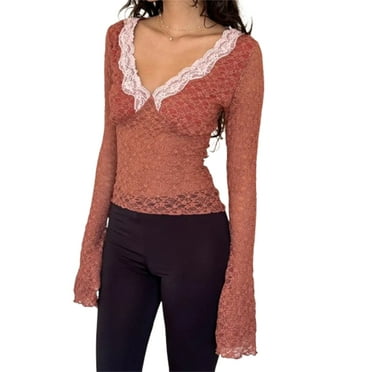 Nygoyerh Women's Lace Tops Stylish Lace Floral Pattern Blouse Flared Cuffs Slim Fit V Neck Long Sleeve T-Shirts Trend Clothes for Fall