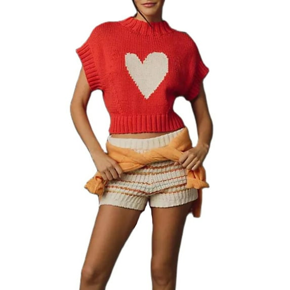 Nygoyerh Womens Sweater Short Sleeve Knitwear Heart Mock Neck Crop Knitted Vest Jumpers Tops Trend Clothes for Daily