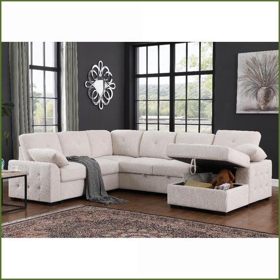 Nyhan Chenille Corner Sectional with Pull-Out Sleeper Loveseat & Storage Chaise | Cushion Back | Beige