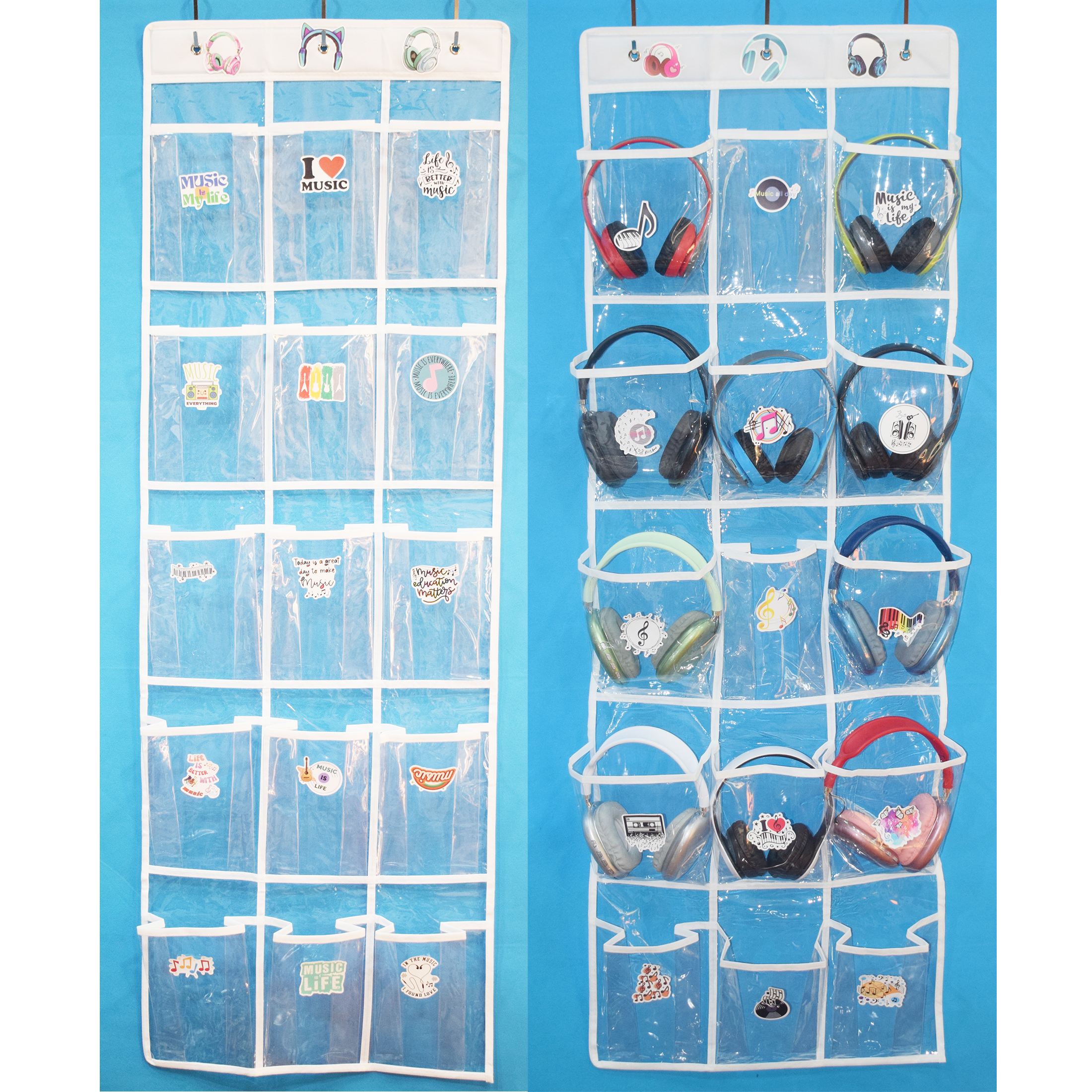 Nyhpar Headphone Storage Classroom Organizer, Over the Door Hanging Headphone Holder Organizer for Classroom Shelves with 30 PVC Clear Pocket Chart, Grade Teacher Finds Must Haves (2 pcs)