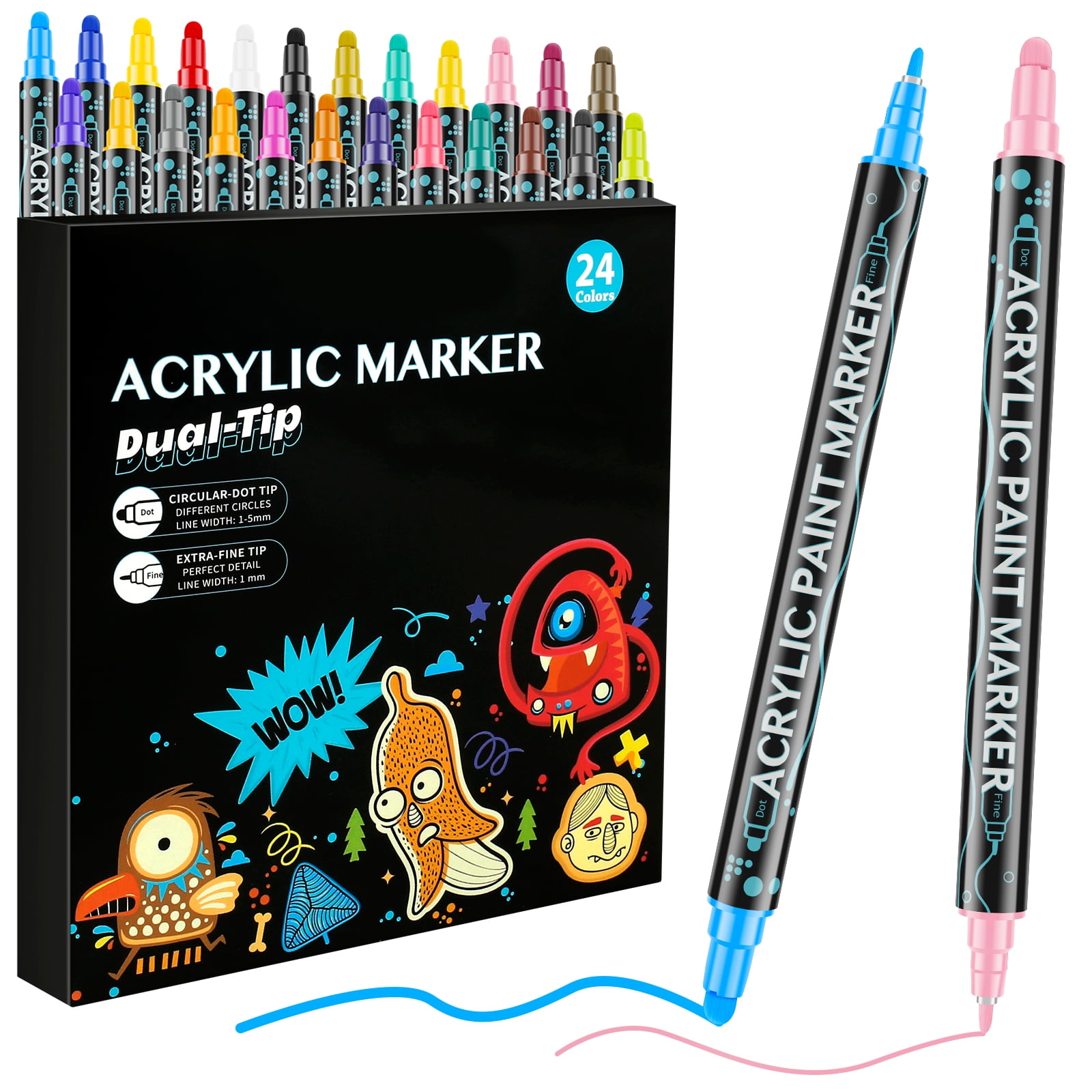 Nyidpsz 24 Packs Acrylic Paint Marker Pens Dual Tip Paint Markers Art Painting Pen Portable Coloring Marker Pen Fast Drying Paint Art Markers