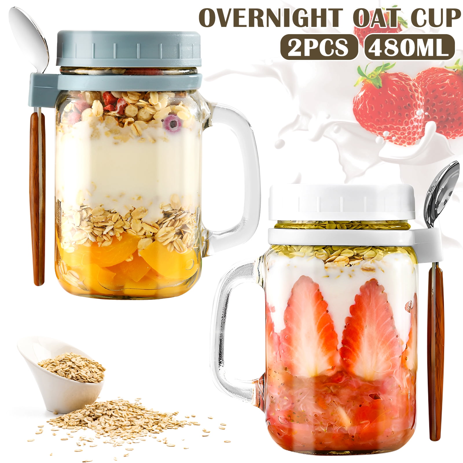 2Pcs 16oz Overnight Oats Container Airtight Glass Oatmeal Jars with Lid€
