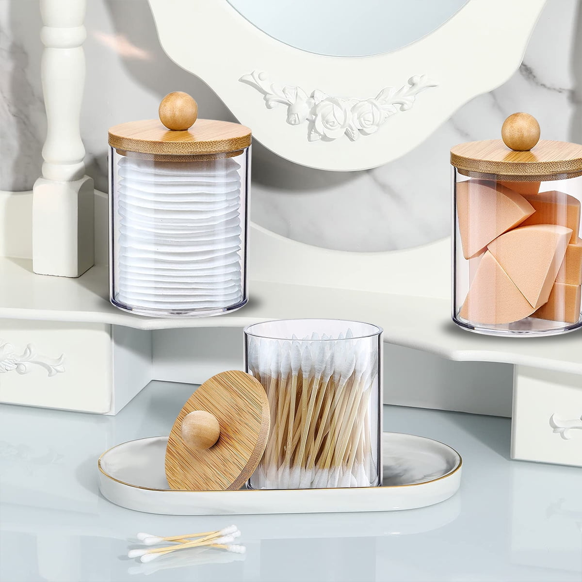 Nyidpsz 3pcs Acrylic Qtip Dispenser Clear Cotton Swab Holder with Wood