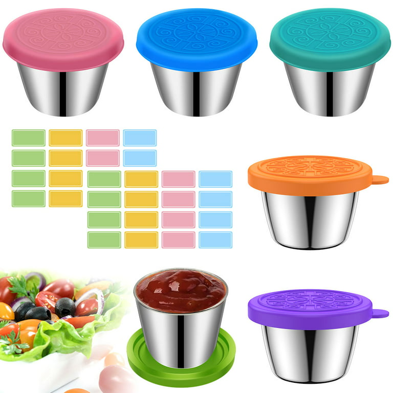 Nyidpsz 6Pcs Salad Dressing Container to go with Silicon Lids 2 Labels  1.6oz Reusable Stainless Steel Condiment Container Leak Proof Portable Dipping  Sauce Cups for Lunch Box Picnic 