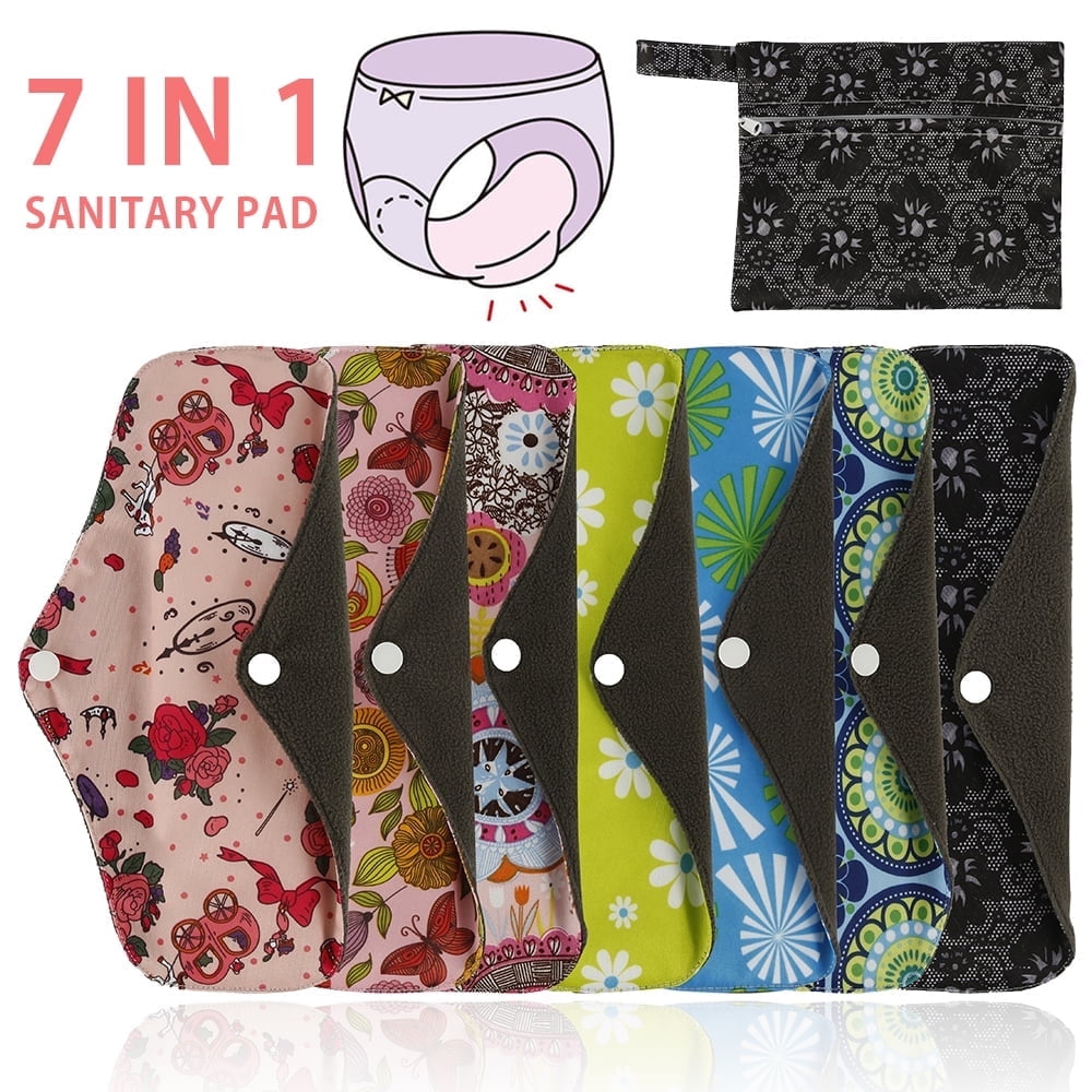HOTBEST 7in1 Reusable Menstrual Pads Large Sanitary Pads Set with Wings Waterproof Washable Sanitary Menstrual Cloth Pads Panty Liners for Women