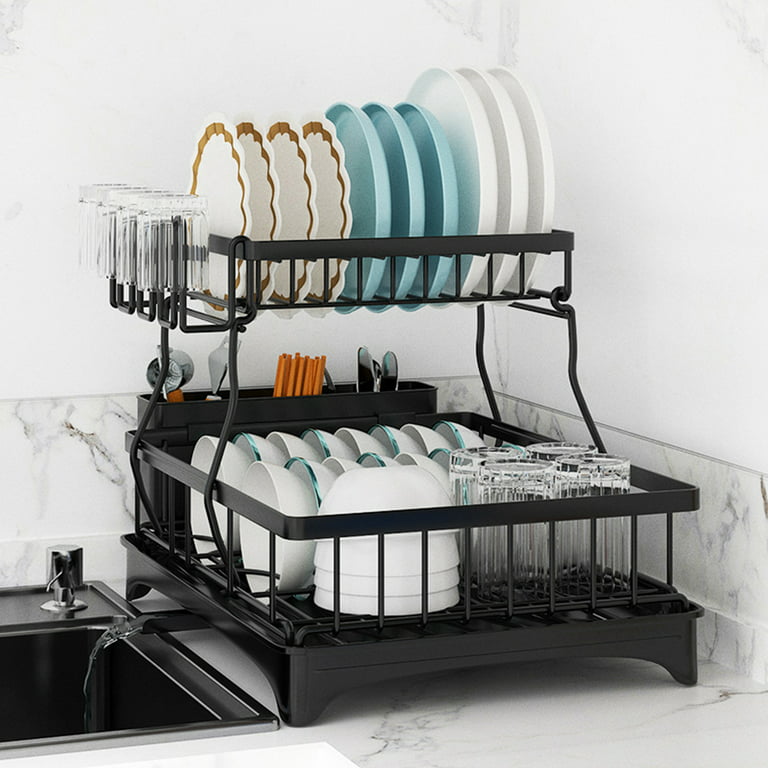2-Tier Drying Dish Rack and Drain Board Set Utensil Holder Metal