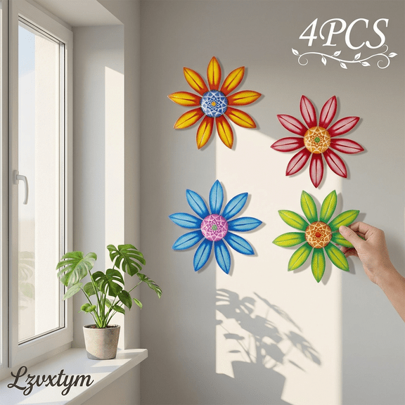Lzvxtym Metal Flower Wall Decor, 4 PCS Metal Outdoor Wall Art Decor, Metal Fence Art Wall Sculptures for Indoor Outside Garden Patio Wall Decorations