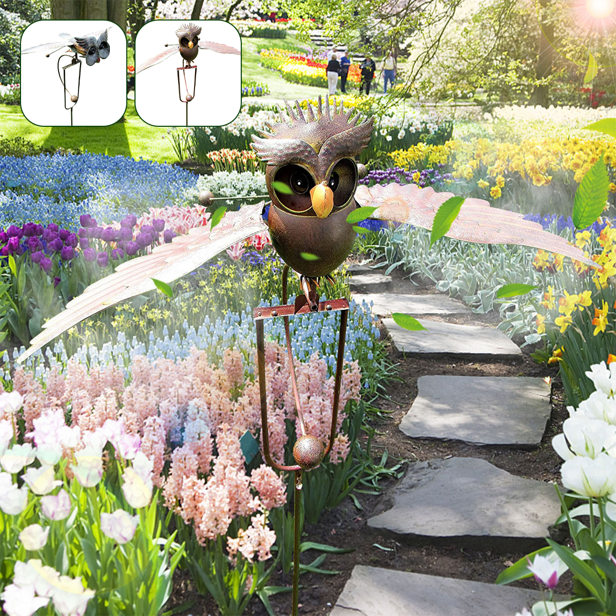 Nyidpsz Owl Wind Chime Iron Wing Flapping Owl Wind Spinner LifeLike