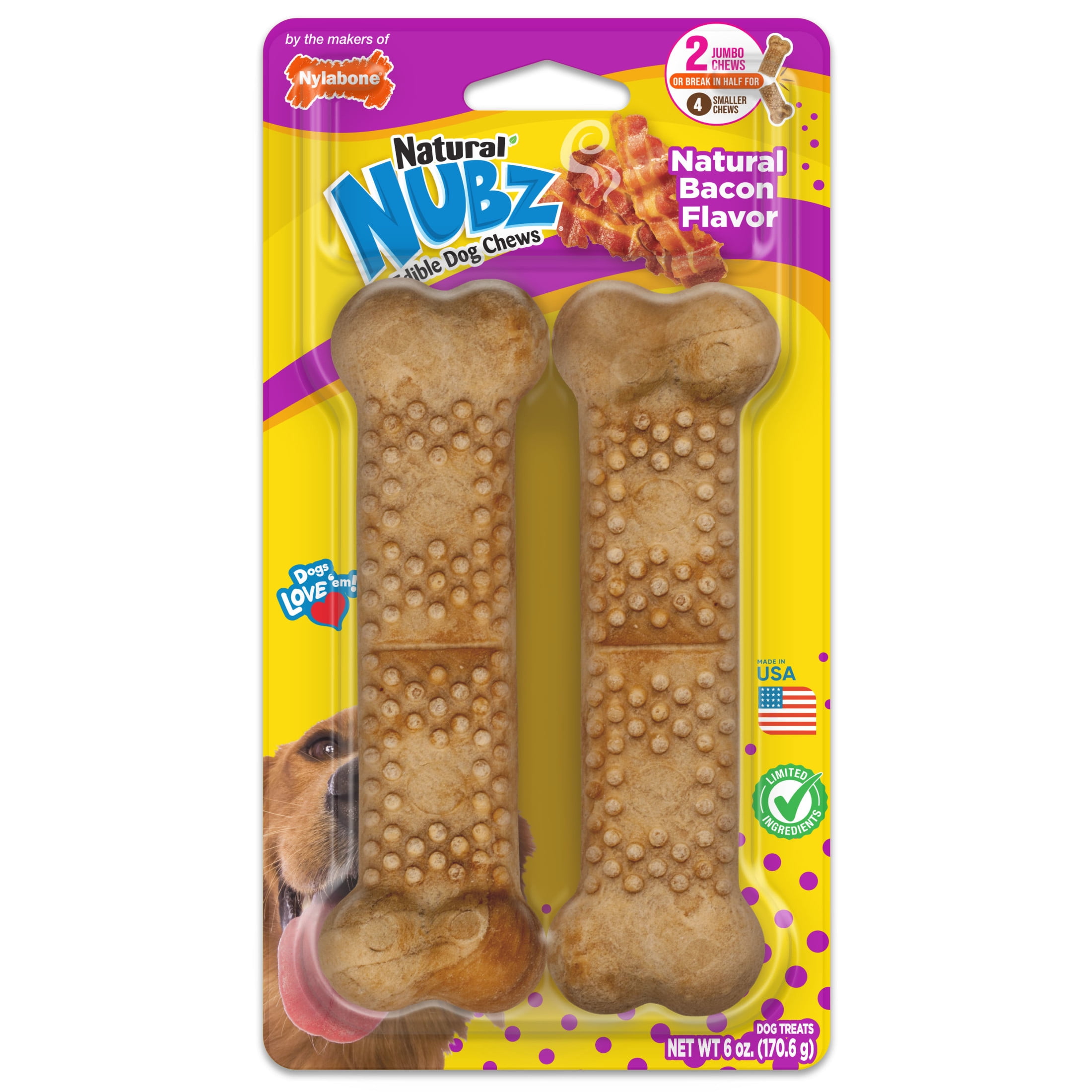 Nylabone Nubz Natural Dog Treats for Large Dogs, Bacon Flavor Dog Bones, Jumbo - Up to 50 lbs., 6 oz Pack, 2 Count