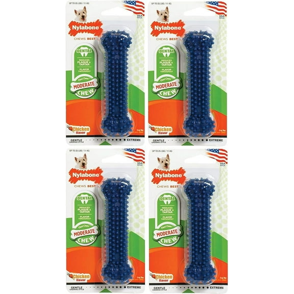 Nylabone 4 Pack of Moderate Chew Dental Chew Toys, Regular, Chicken Flavor, Made in The USA for Dogs Up to 25 Pounds
