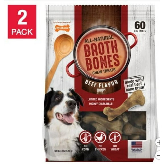 Nylabone Broth Bones Natural Edible Dog Chews, 60-count, 2-pack