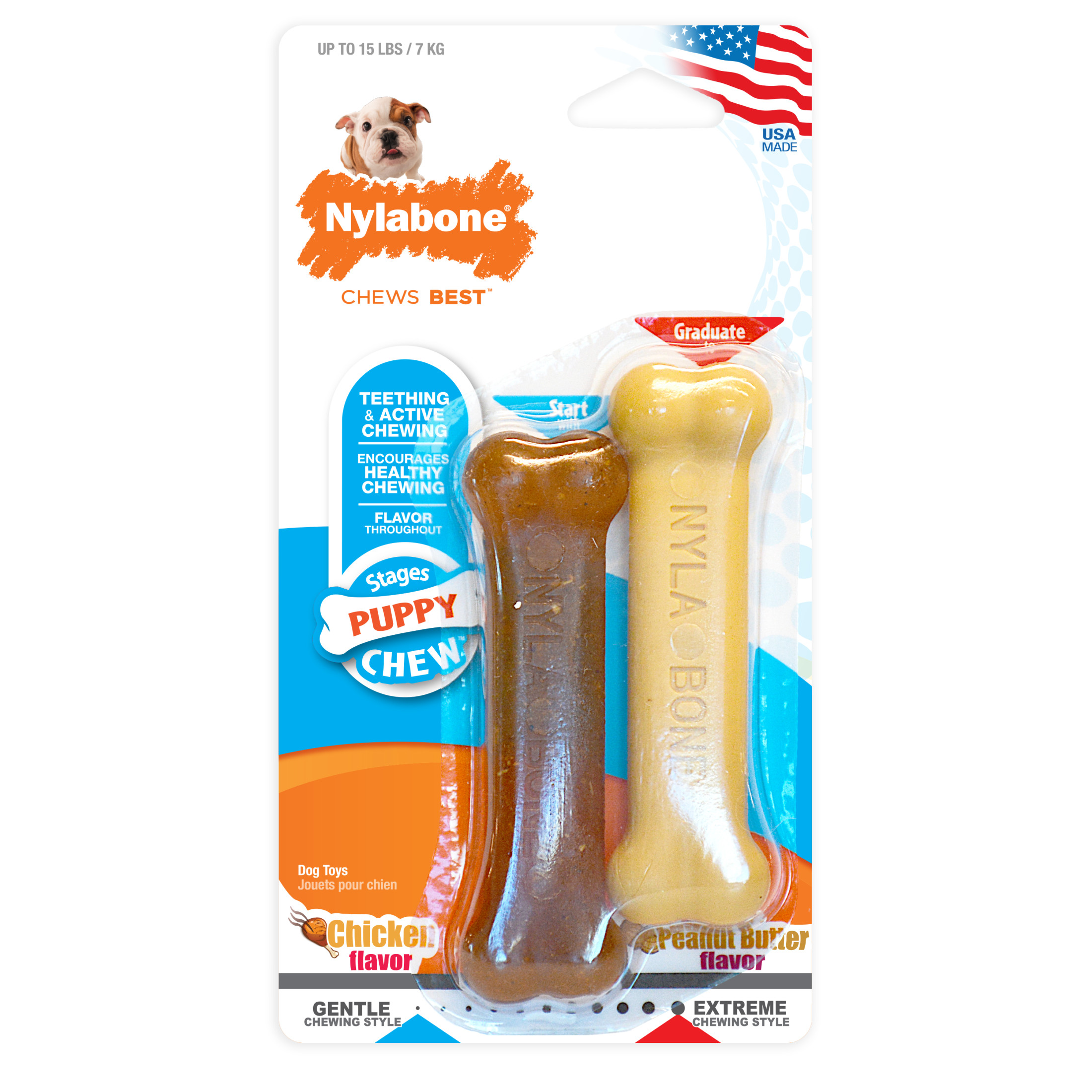 Nylabone Classic Puppy Chew Flavored Durable Dog Chew Toy Chicken & Peanut Butter Bone X-Small/Petite - Up to 15 lbs. (2 Count) - image 1 of 11