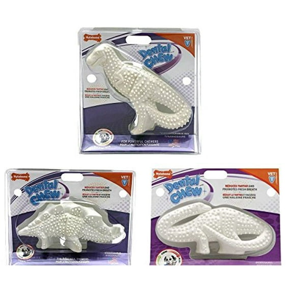 Nylabone Durable Dental Dinosaur Dog Chew Helps Fight Plaque & Tartar for Dogs (All 3 Dinosaurs,1 Pack)