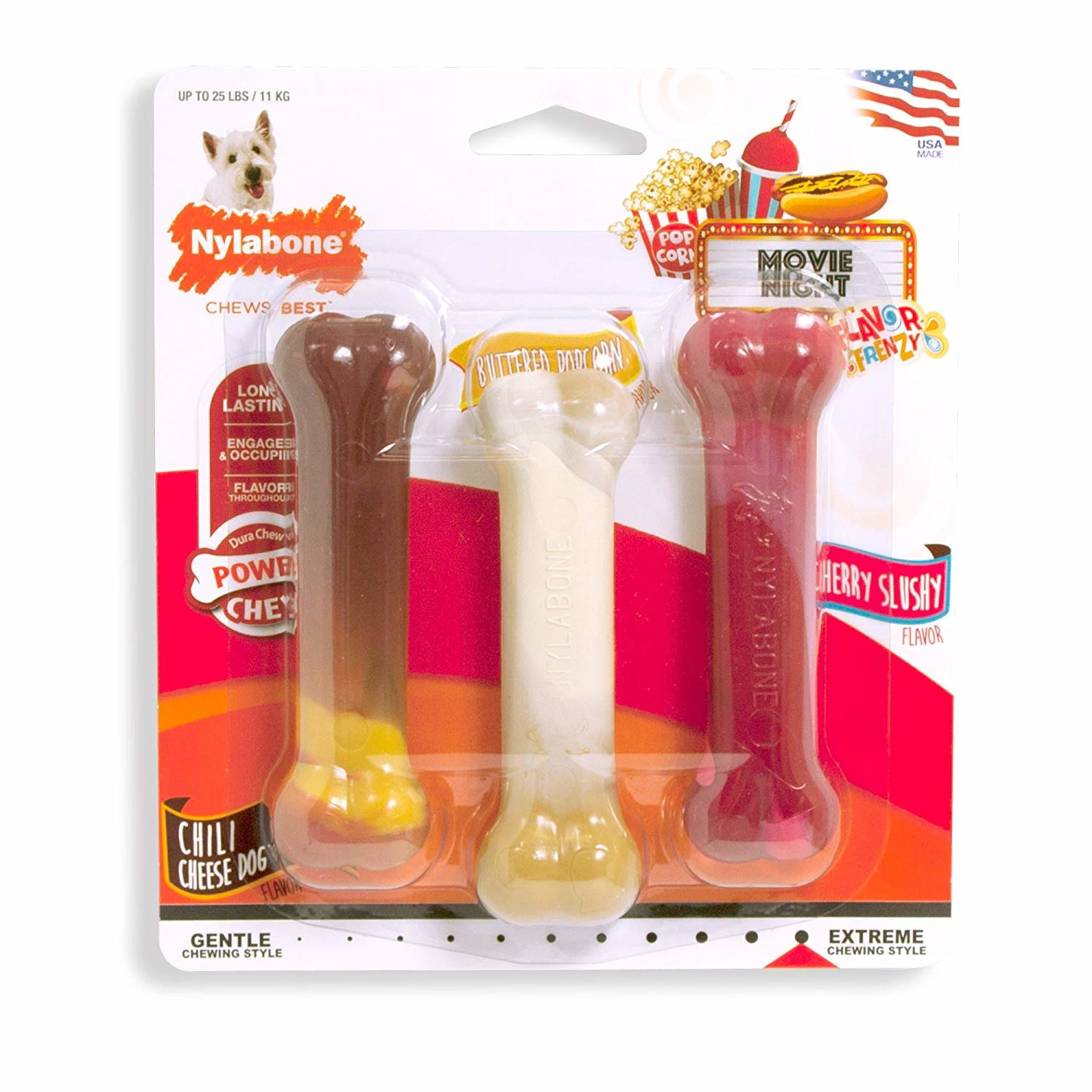 Nylabone Flavor Frenzy Power Chew Dry Dog Toy, Chili Cheese Dog, Popcorn \u0026 Cherry, SM, 3pk