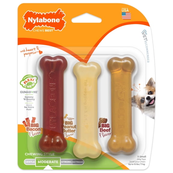 Nylabone Flexi Chew Gumabone Original Bone Dog Toy, Dog Chew Toy Bacon, Peanut Butter, & Beef Flavor, X-Small, 3 Pack