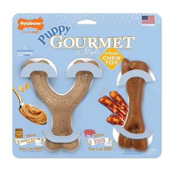 Nylabone Strong Chew Gourmet Style Wishbone & Femur Bone Dog Toy, Dog Chew Toy, Peanut Butter & Bacon Flavor, Small, 2 Pack