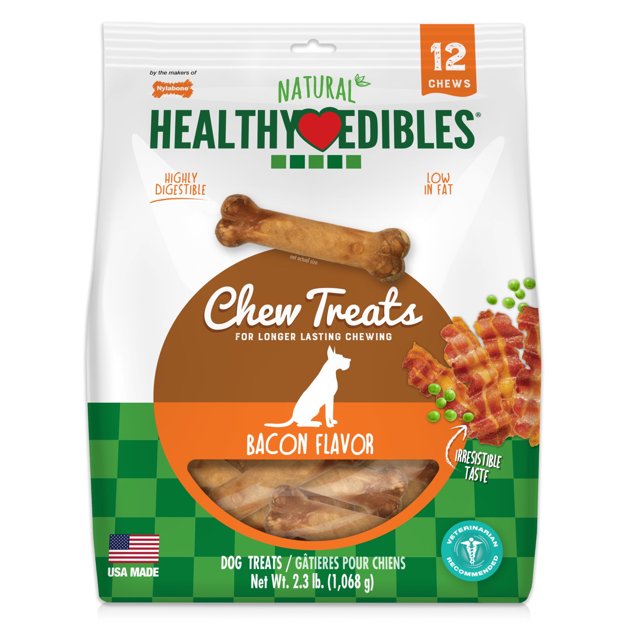 Nylabone Healthy Edibles Natural Dog Treats, Long Lasting Dog Bones, Bacon Flavor Dog Treats, For Medium Dogs (12 Count)