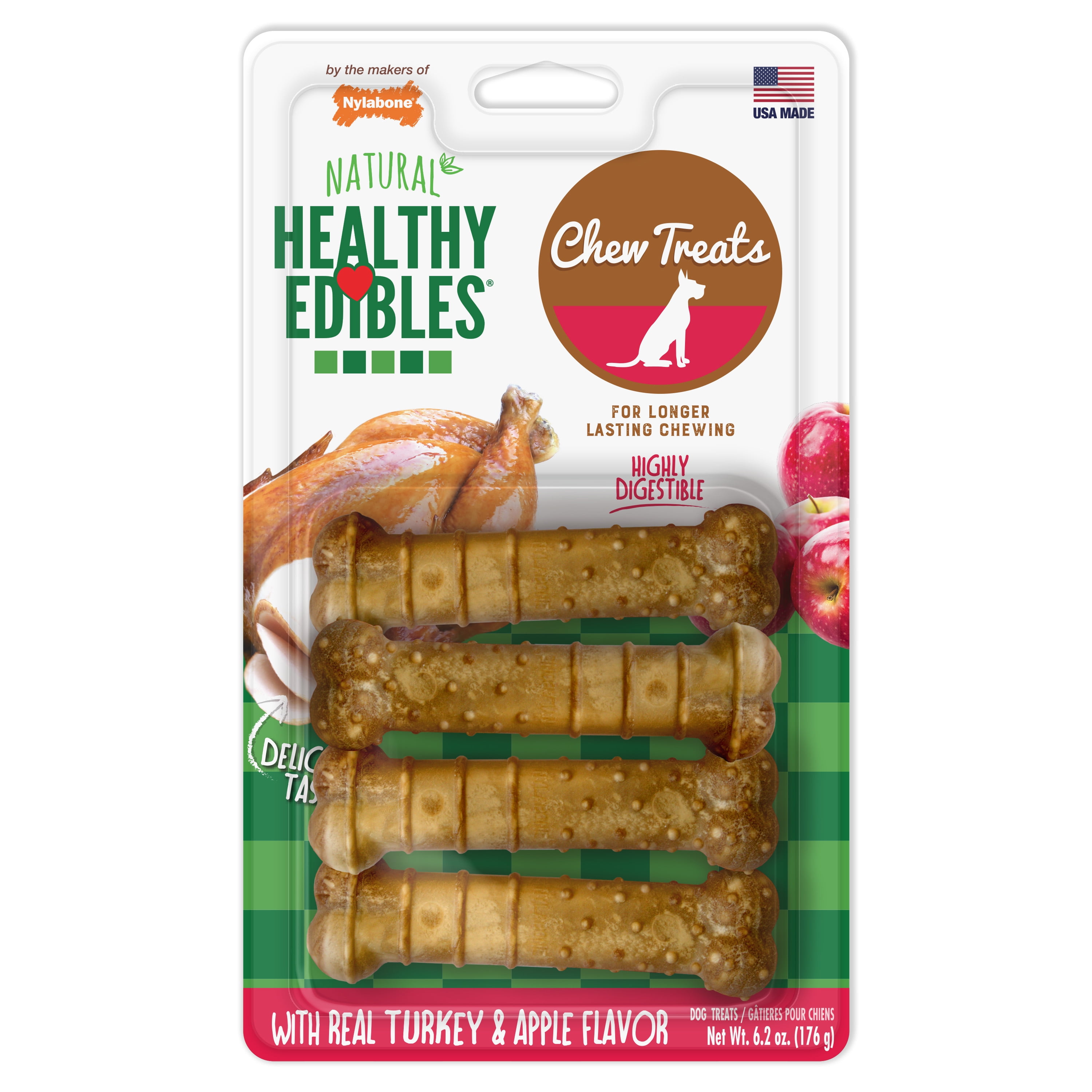 Nylabone Healthy Edibles All-Natural Long Lasting Turkey & Apple Dog Chew Treats 4 Ct Small/Regular