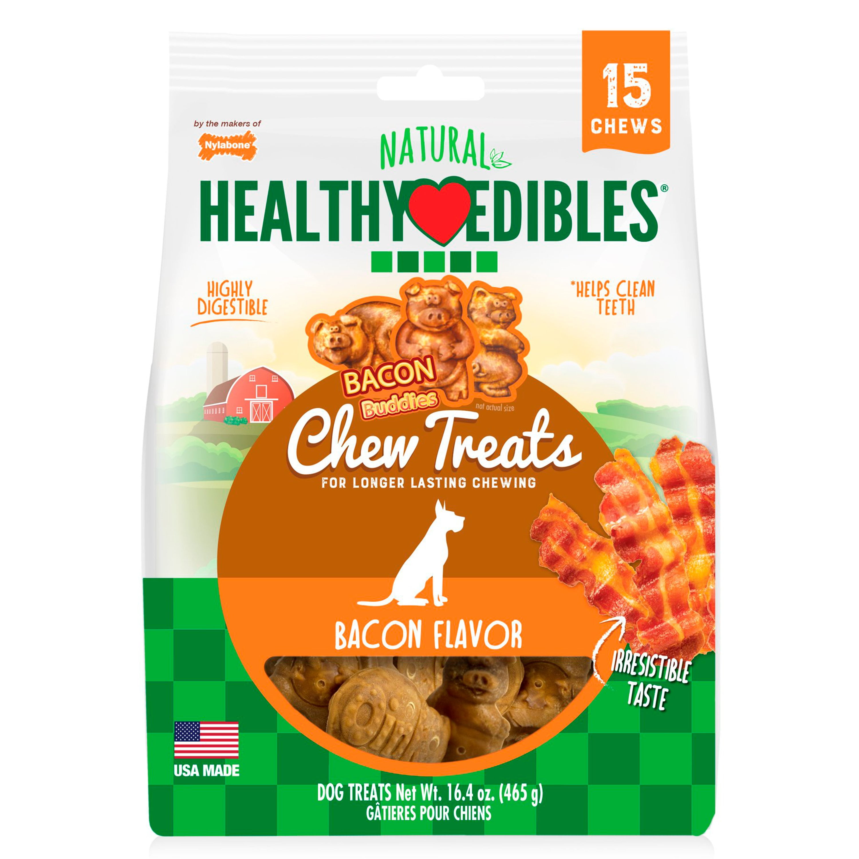 Nylabone Healthy Edibles Bacon Buddies Natural Long Lasting Dog Chew Treats 15 count Regular - Up To 25 Ibs.
