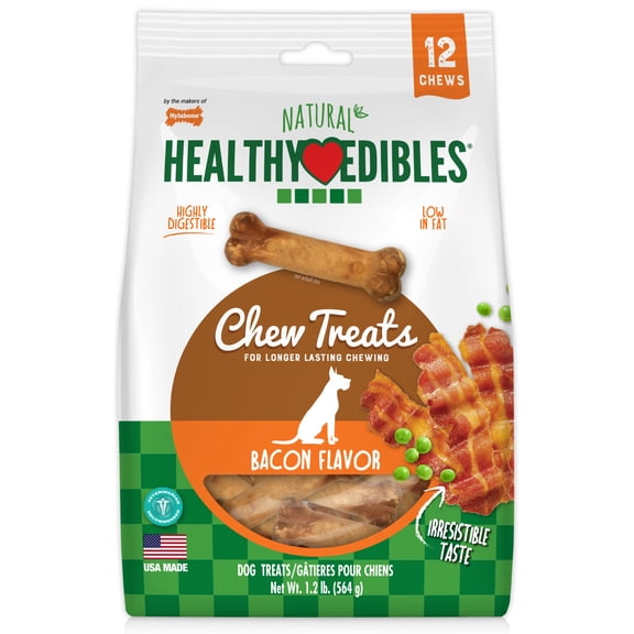 Nylabone Healthy Edibles Natural Dog Treats, Long Lasting Dog Bones, Bacon Flavor Dog Treats, For Small Dogs (12 Count)