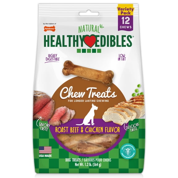 Nylabone Healthy Edibles Natural Dog Treats, Long Lasting Dog Bones, Roast Beef & Chicken Flavor Dog Treats, For Small Dogs (12 Count)
