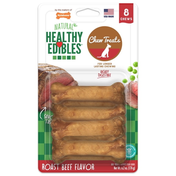 Nylabone Healthy Edibles Natural Dog Treats, Long Lasting Dog Bones, Roast Beef Flavor Dog Treats, For X-Small Dogs (8 Count)