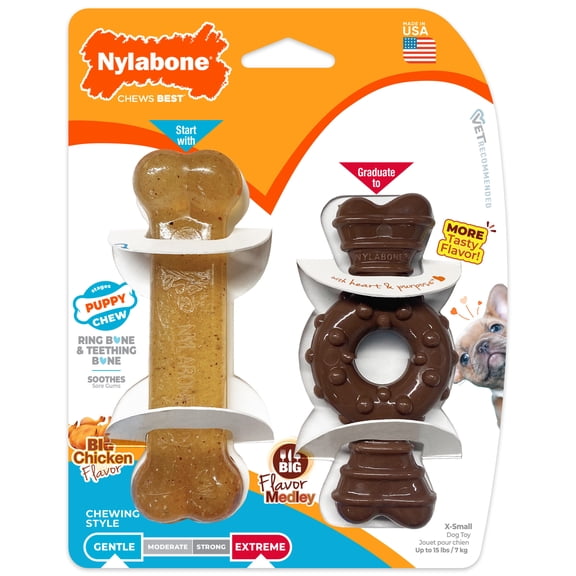 Nylabone Puppy Chew Teething Bone & Ring Bone Chew Toy Flavor Medley & Chicken X-Small (2 Count)