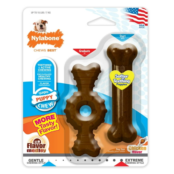 Nylabone Puppy Chew Teething Bone & Ring Bone Chew Toy Flavor Medley & Chicken X-Small (2 Count)