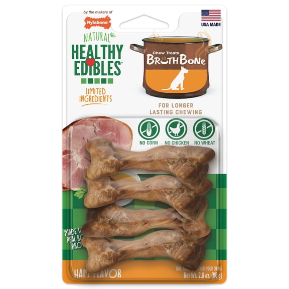 Nylabone Healthy Edibles Broth Bone All-Natural Long Lasting Chew Treats Ham Small (4 Count)
