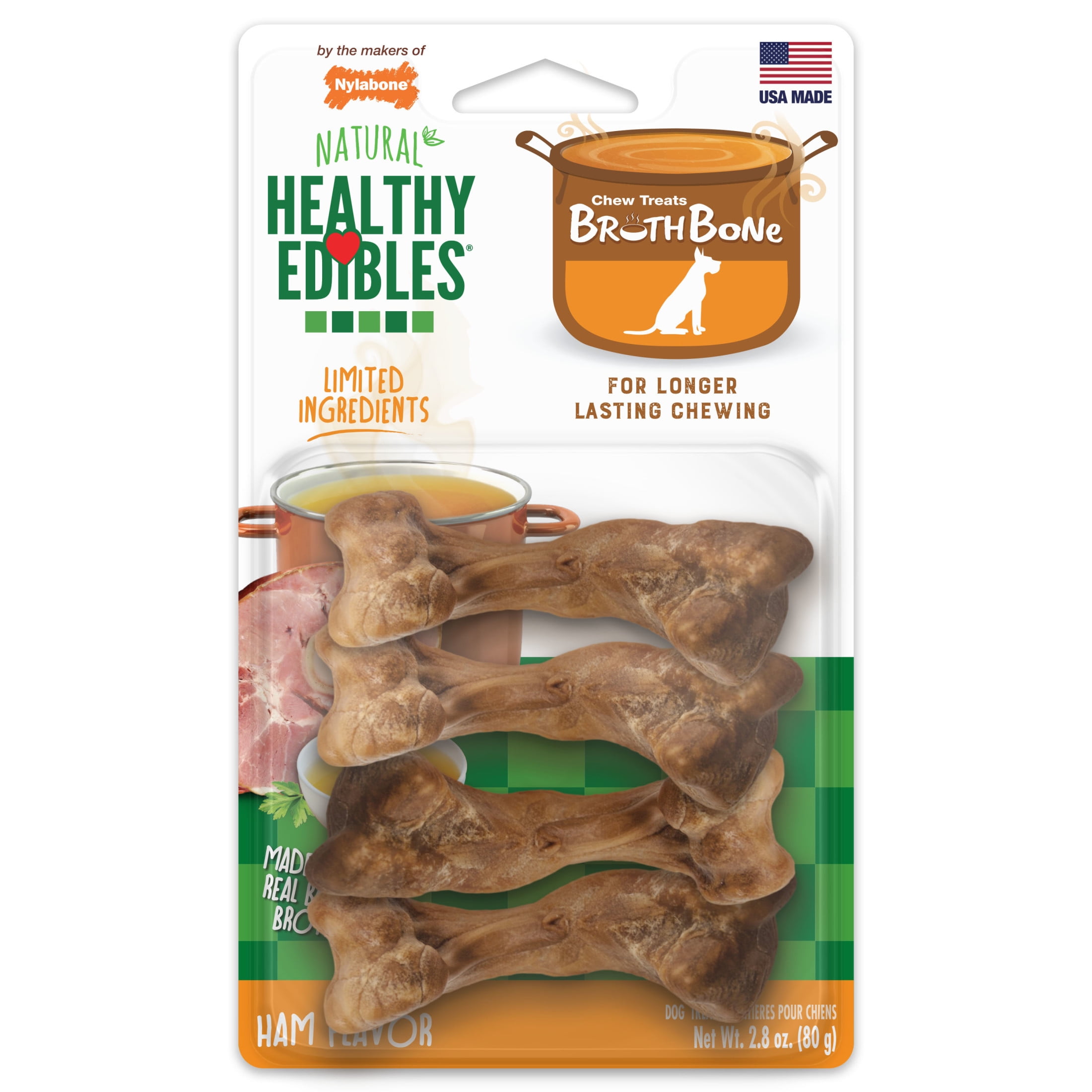 Nylabone Healthy Edibles Broth Bone All-Natural Long Lasting Chew Treats Ham Small (4 Count)