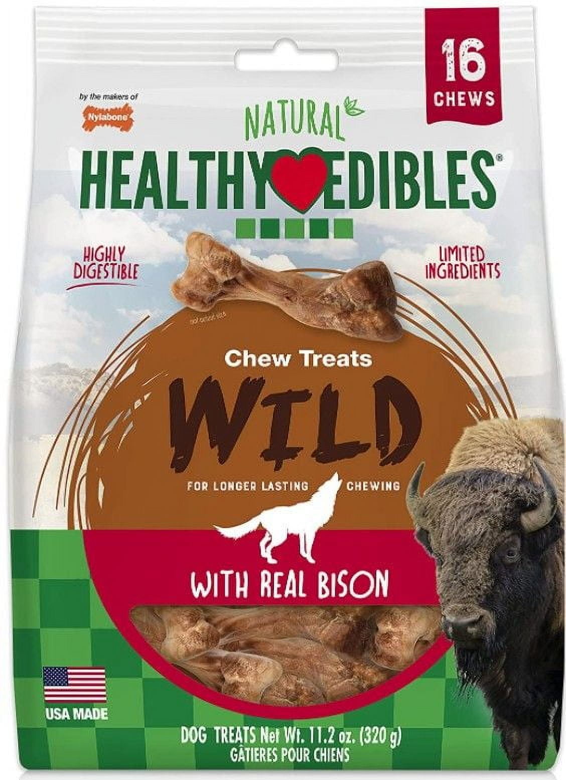 Nylabone Natural Healthy Edibles Wild Bison Chew Treats [Dog, Treats Packaged] Small - 16 Pack