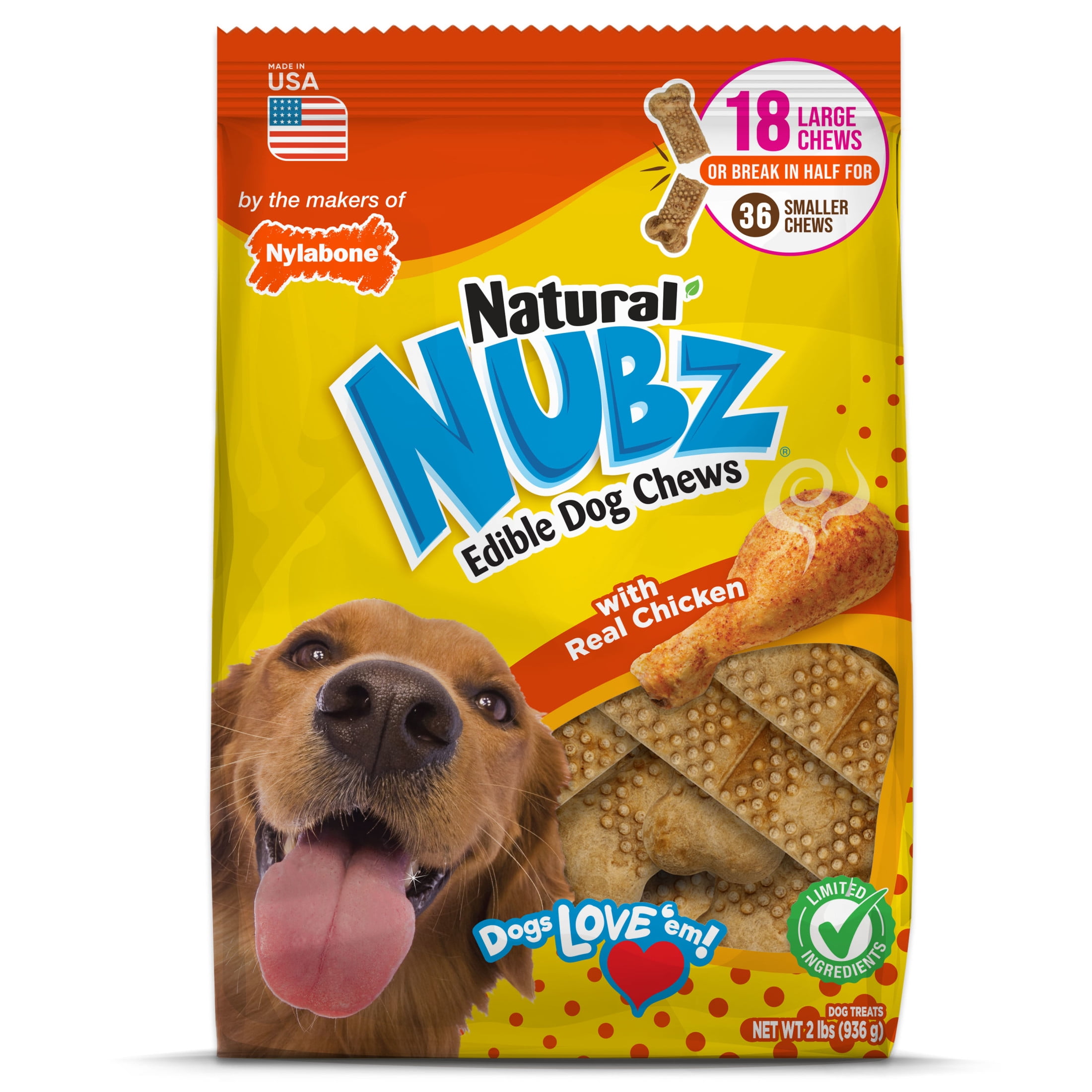 Nylabone Nubz Natural Dog Treats for Large Dogs, Chicken Flavor Dog Bones, Large - 30+ lbs., 2 lb. Pouch, 18 Count
