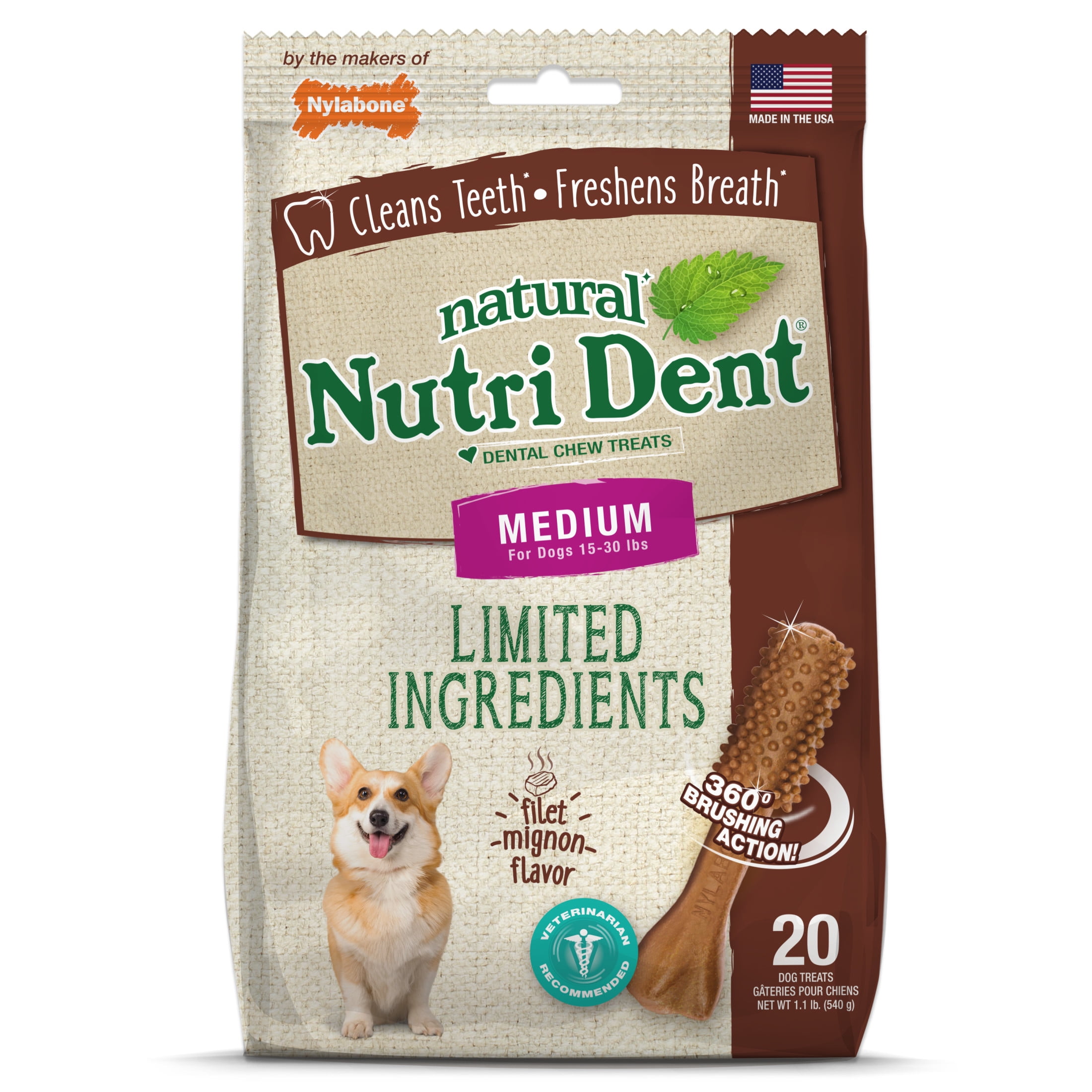Nylabone Nutri Dent Filet Mignon Flavored Dental Dog Chew Treats Medium (20 Count)