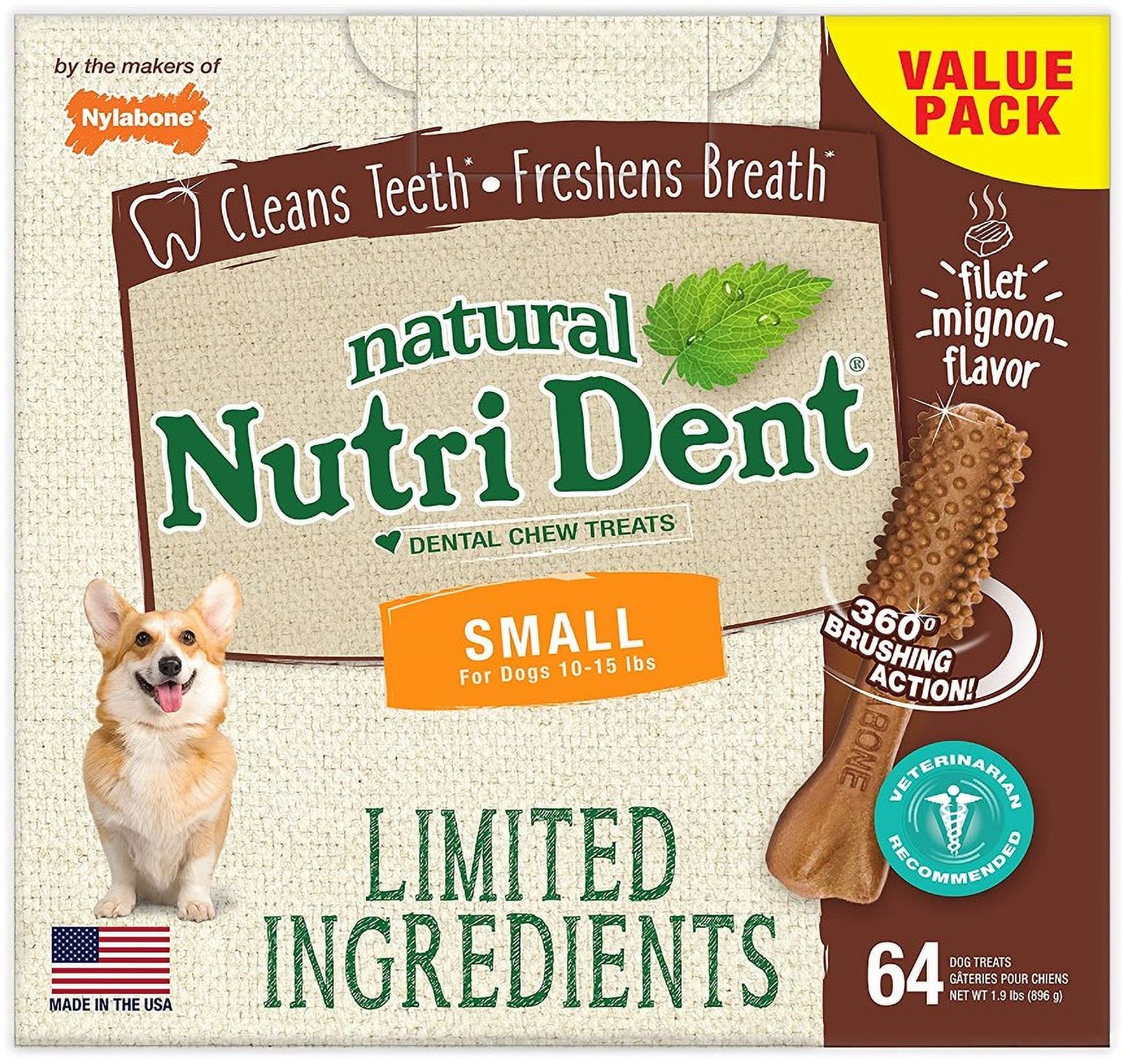 Nylabone Natural Nutri Dent Filet Mignon Limited Ingredients Small Dog