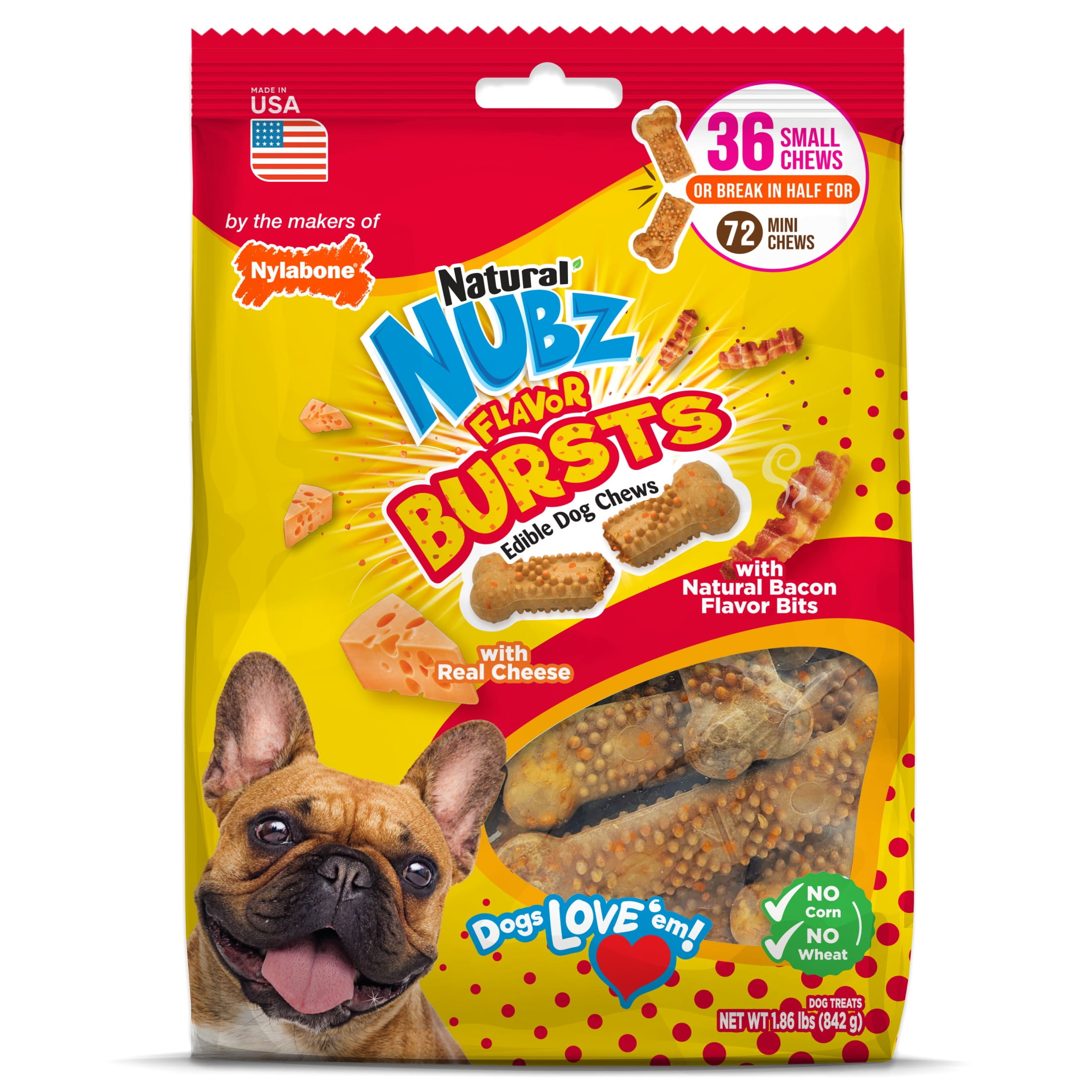Nylabone Nubz Flavor Bursts Natural Dog Treats for Small Dogs, Bacon & Cheese Flavor Dog Bones, Small - Up to 30 lbs., 36 Count