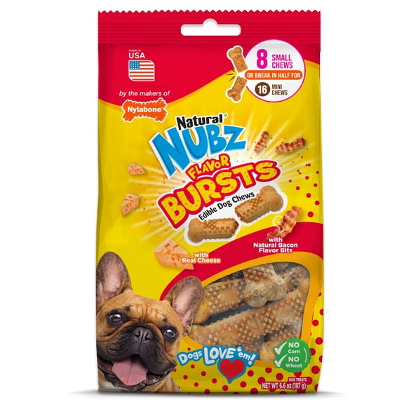 Nylabone Nubz Flavor Bursts Natural Dog Treats for Small Dogs, Bacon & Cheese Flavor Dog Bones, Small - Up to 30 lbs., 8 Count